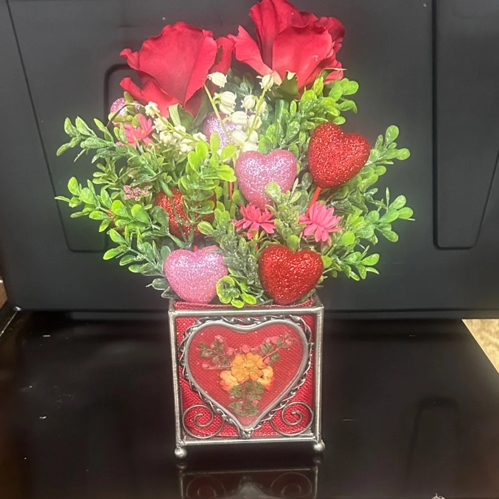 Heart-Themed Floral Arrangement with Red and Pink Accents homemade